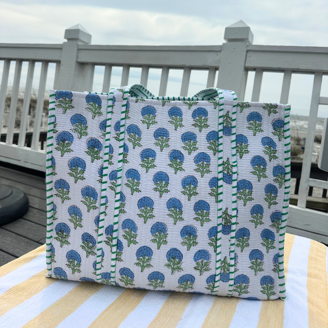Summer Blue Hydrangea Block Print Tote Bag