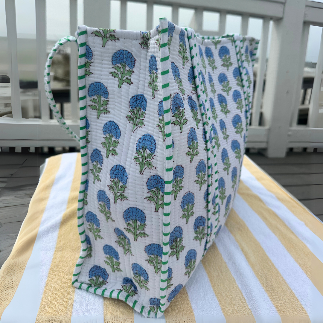 Summer Blue Hydrangea Block Print Tote Bag