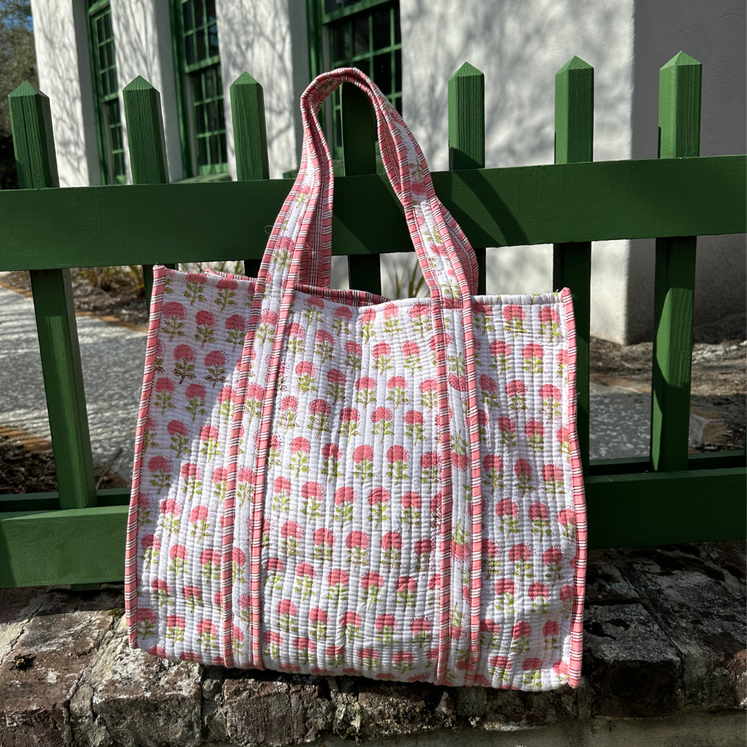 Pink Hydrangea Block Print Tote Bag