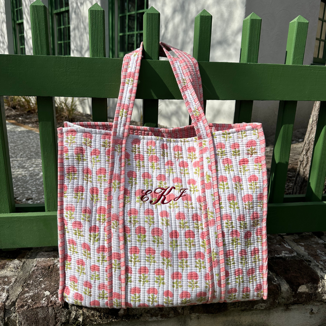 Pink Hydrangea Block Print Tote Bag