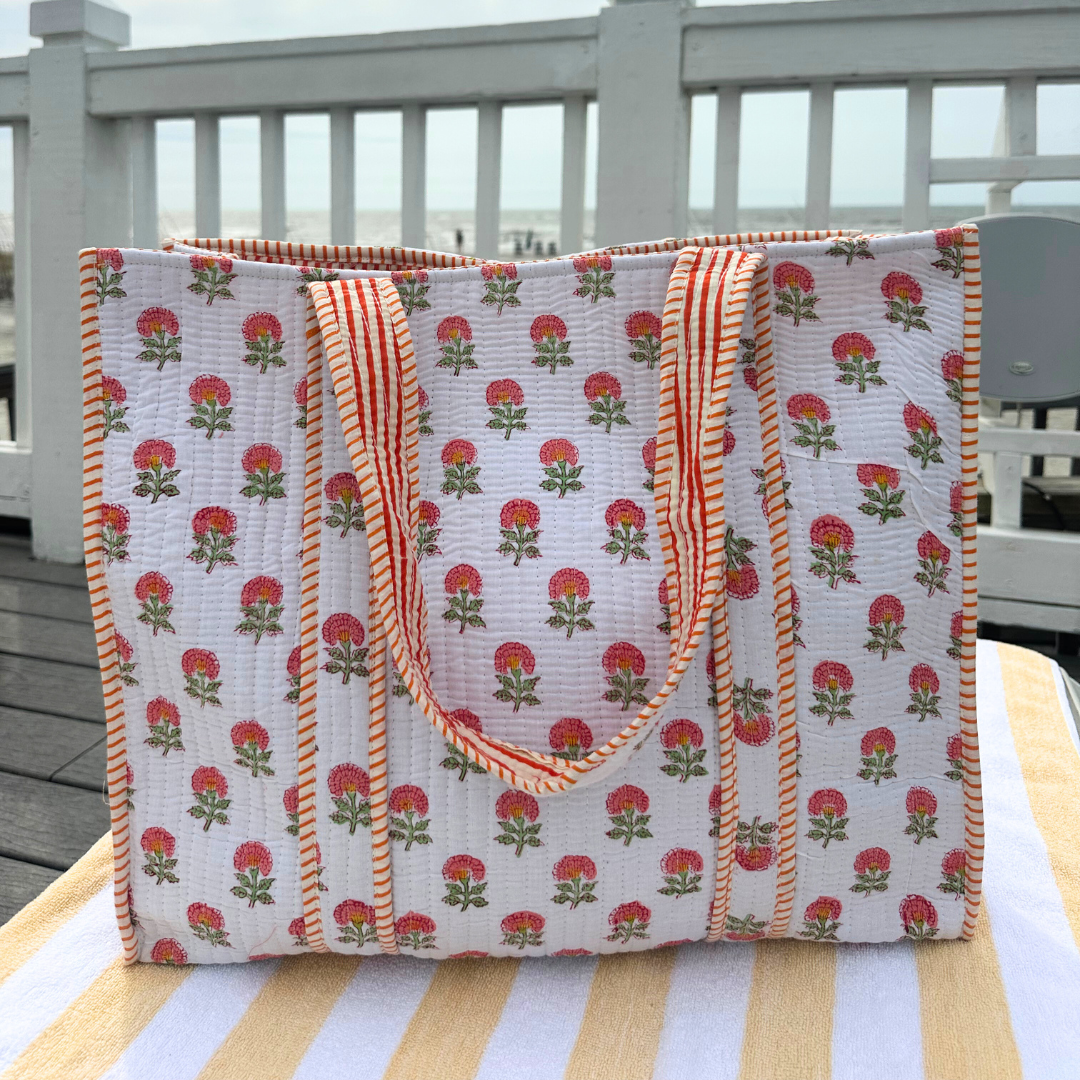 Summer Pink Hydrangea Block Print Tote Bag