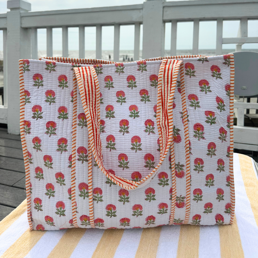 Summer Pink Hydrangea Block Print Tote Bag