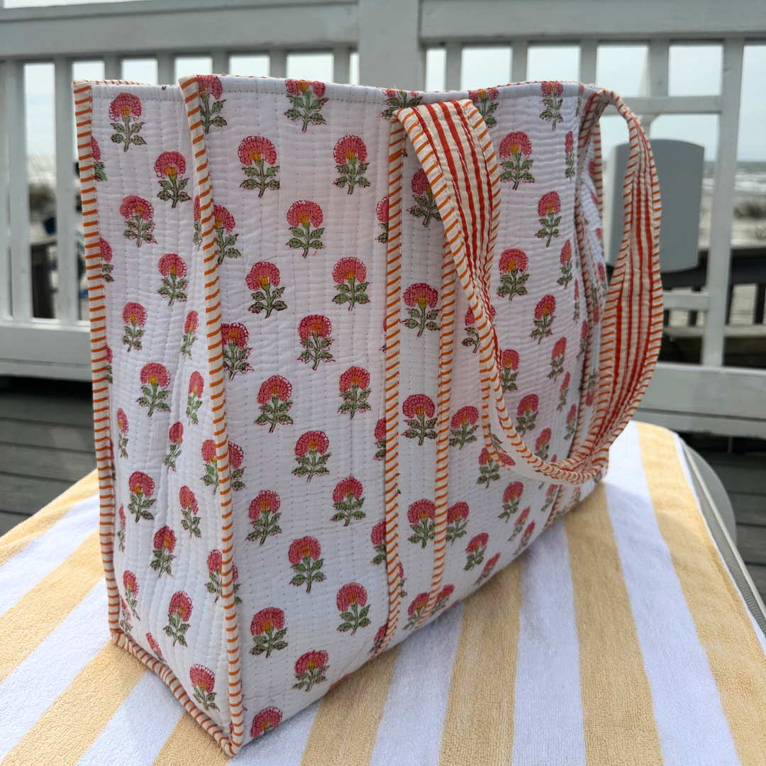 Summer Pink Hydrangea Block Print Tote Bag