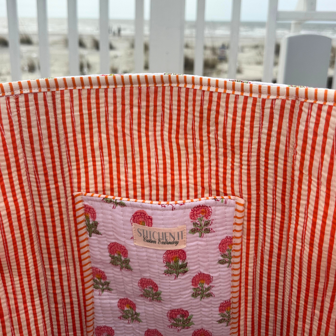 Summer Pink Hydrangea Block Print Tote Bag