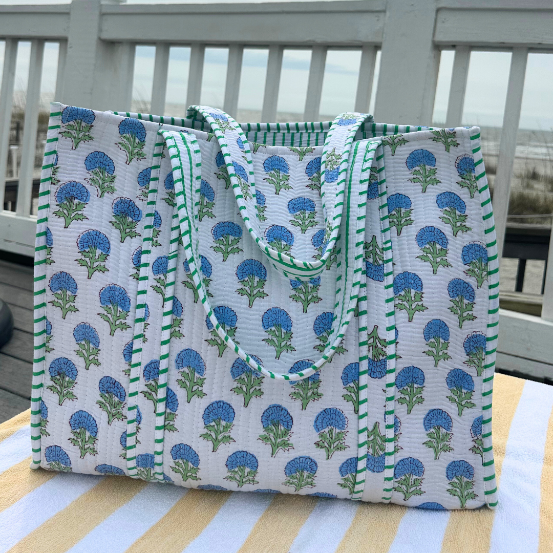 Summer Blue Hydrangea Block Print Tote Bag