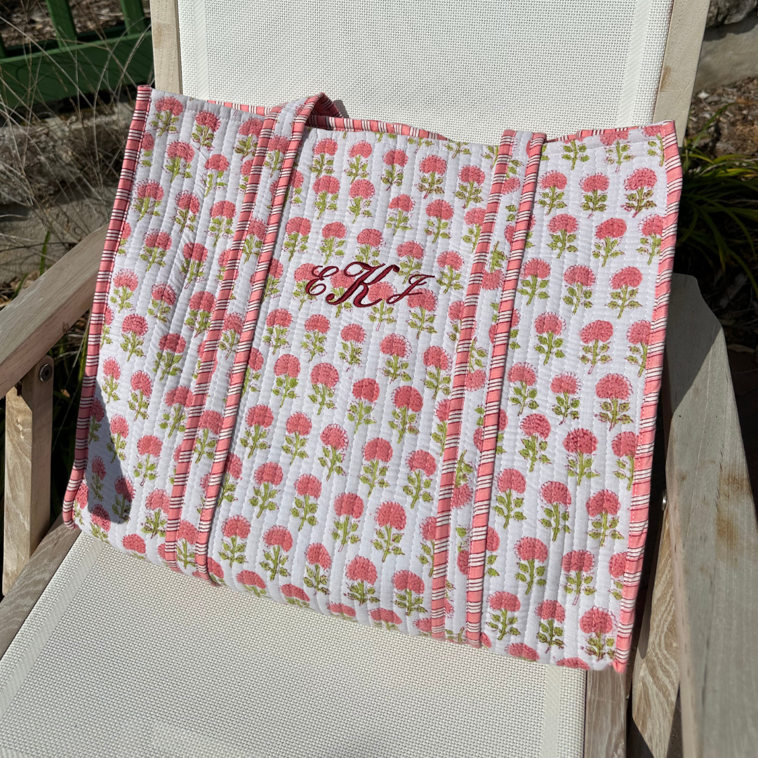 Pink Hydrangea Block Print Tote Bag