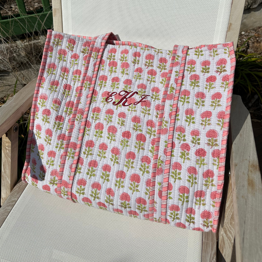 Pink Hydrangea Block Print Tote Bag